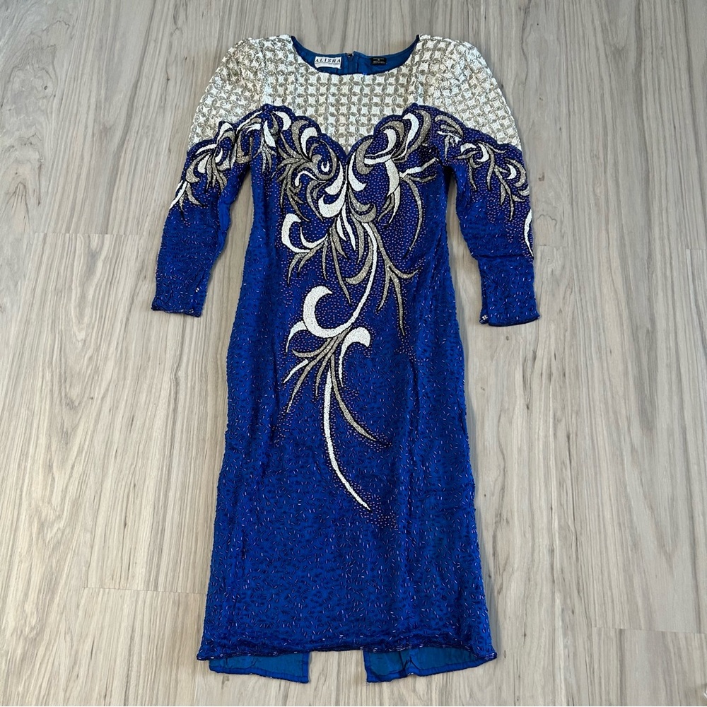 Stunning vintage Alisha 100% pure silk royal blue beaded dress.